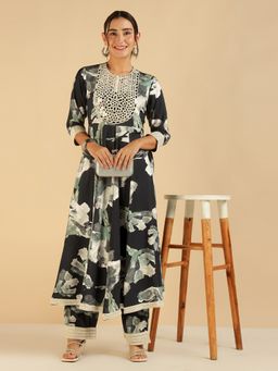Deebaco - Black Abstract Printed Embroidered Mirror Work Kurta with Palazzo