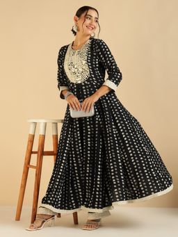 Deebaco - Black Polka Printed Embroidered Mirror Work Kurta with Palazzo