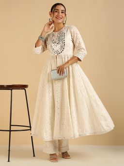 Deebaco - Cotton Embroidered Schiffli Mirror Work Kurta with Palazzo