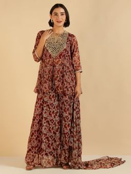 Deebaco - Maroon Floral Mirror Work Peplum Top and Palazzo with Dupatta