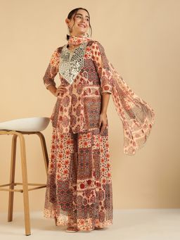 Deebaco - Multi Colour Patch Printed Peplum Top and Palazzo with Dupatta