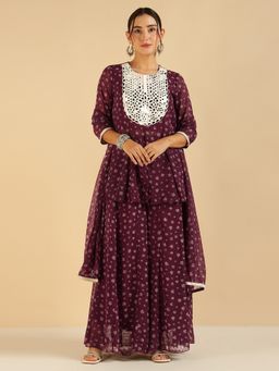 Deebaco - Wine Floral Printed Peplum Top and Palazzo with Dupatta