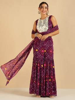 Deebaco - Wine Bandhani Printed Patch Work Top with Sharara and Dupatta