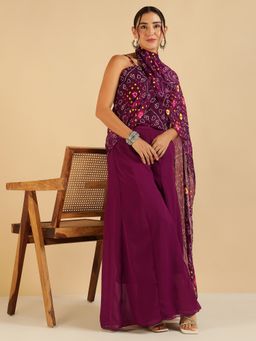 Deebaco - Wine Bandhani Printed Strappy Top with Palazzo and Dupatta