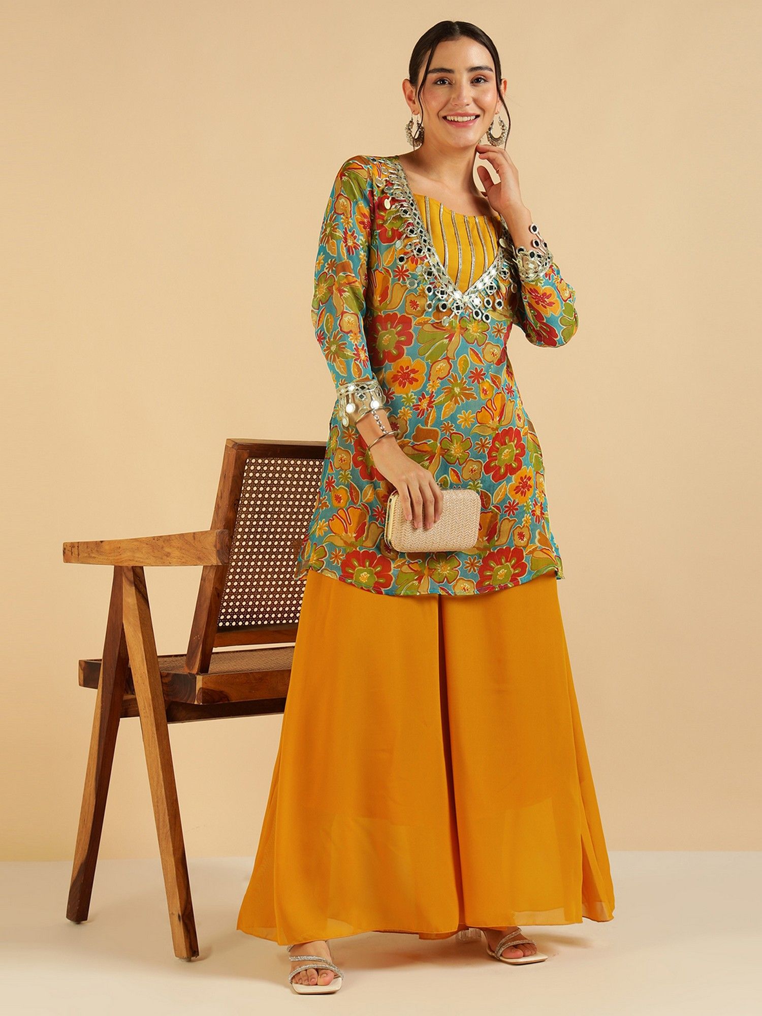 deebaco Multi Colour Floral Printed Top with Kurti and Sharara-picture-34