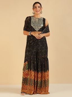 Deebaco - Black Bandhani Border Printed Crop Top with Sharara and Dupatta
