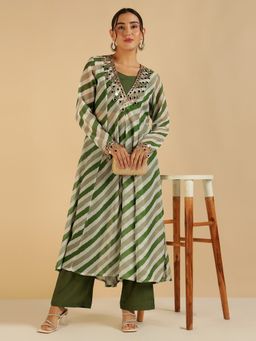 Deebaco - Green Lahariya Printed Crop Top with Kurta and Pant