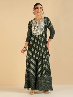 Deebaco - Dark Green Lahariya with Bandhani Printed Kurti with Palazzo