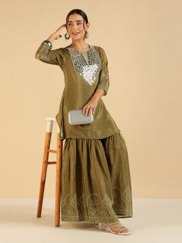 Deebaco - Olive Green Bandhani Printed Kurta with Sharara