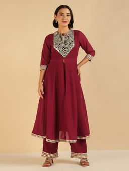 Deebaco - Maroon Georgette Embroidered Kurta with Palazzo