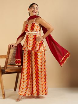 Deebaco - Leaf Multi Printed Peplum Top and Palazzo with Dupatta
