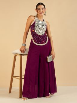 Deebaco - Bandhani Printed Mirror Work Top with Palazzo