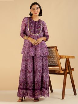 Deebaco - Lavender Floral Border Printed Peplum Top with Palazzo