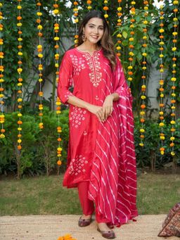 GULABI DORI - Red Handwork Bandhej Embroidered Kurta with Pant and Dupatta
