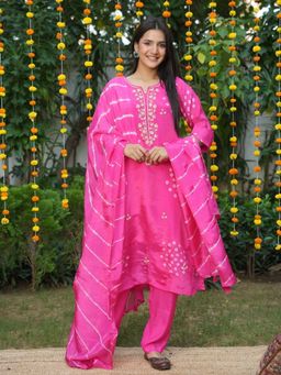 GULABI DORI - Pink Handwork Bandhej Embroidered Kurta with Pant and Dupatta