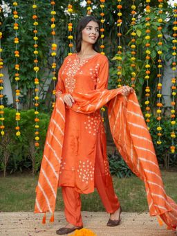 GULABI DORI - Orange Handwork Bandhej Embroidered Kurta with Pant and Dupatta
