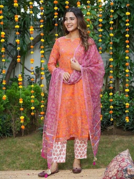 GULABI DORI Orange Kota Dori Floral Handblock Printed Kurta with Pant and Dupatta