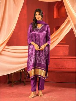 GULABI DORI - Purple Bandhej Printed Kurta with Pant and Dupatta