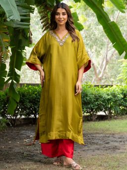 HOUSE OF JAMOTI - Sheesh Green Kaftan Kurta with Pant and Dupatta