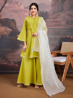 INDDUS - Striped Zari Gotta Detailed Kurta with Palazzo and Dupatta