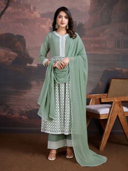 INDDUS - Floral Thread Embroidered Kurta with Palazzo and Dupatta