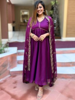 The Svaya - Purple Chinon Anarkali Kurta with Pant and Dupatta