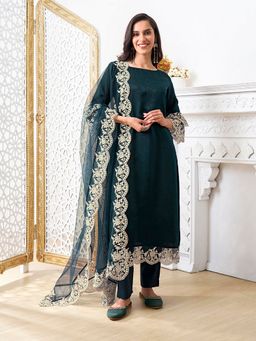 INDDUS - Floral Thread Embroidered Kurta with Pant and Dupatta