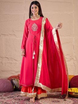 INDDUS - Floral Zari and Thread Embroidered Kurta with Palazzo and Dupatta