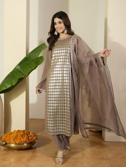 INDDUS - Geometric Sequinned Embroidered Kurta with Palazzo and Dupatta