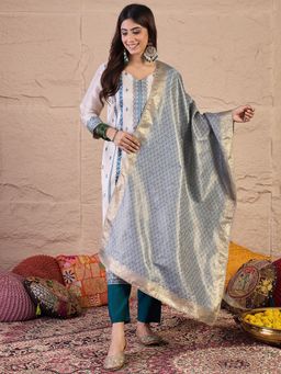 INDDUS - Floral Zari Woven Design Jacquard Kurta with Pant and Dupatta