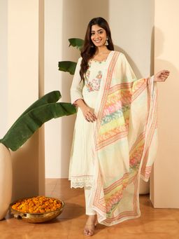 INDDUS - Floral Thread Embroidered Kurta with Pant and Dupatta