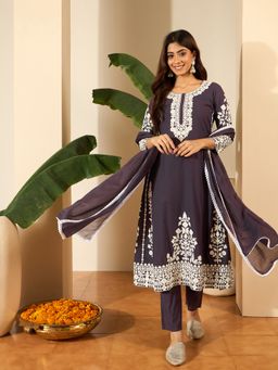 INDDUS - Wine Floral Thread Embroidered Kurta with Pant and Dupatta