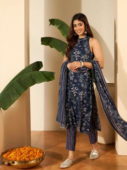 INDDUS - Floral Printed and Zari Embroidered Kurta with Pant and Dupatta