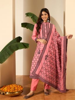 INDDUS - Floral Zari Woven Design Jacquard Kurta with Pant and Dupatta