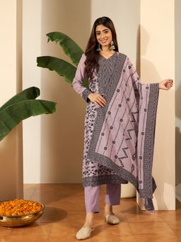 INDDUS - Lavender Floral Zari Woven Design Jacquard Kurta with Pant and Dupatta