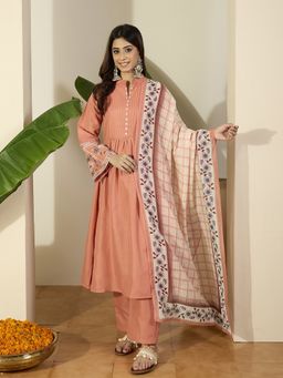 INDDUS - Floral Thread Embroidered Kurta with Palazzo and Dupatta
