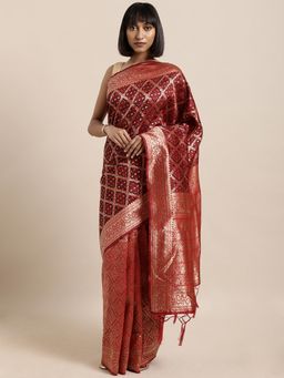 Suha - Red Designer Weaving Work Saree with Unstitched Blouse