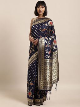 Suha - Navy Blue Weaving Work Navy Blue Saree with Unstitched Blouse