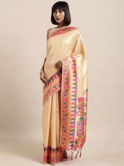 Suha - Designer Weaving Work Cream Saree with Unstitched Blouse