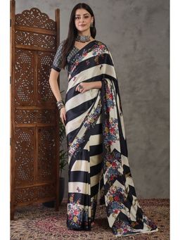 Mysilklove - Sisal Black Stripes Printed Floral Satin Gaji Silk Saree with Unstitched Blouse