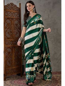 Mysilklove - Tree Green Stripes Printed Floral Satin Gaji Silk Saree with Unstitched Blouse