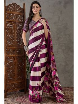 Mysilklove - Cosmic Purple Stripes Printed Floral Satin Gaji Silk Saree with Unstitched Blouse