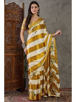 Mysilklove - Tulip Yellow Stripes Printed Floral Satin Gaji Silk Saree with Unstitched Blouse