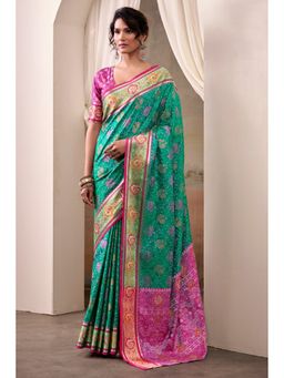 Mysilklove - Hellebores Green Woven Patola Silk Saree with Unstitched Blouse