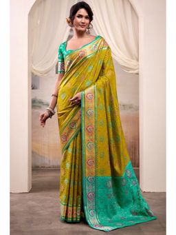 Mysilklove - Volt Woven Patola Green Silk Saree with Unstitched Blouse