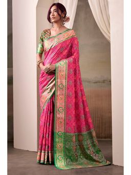 Mysilklove - European Pink Woven Patola Silk Saree with Unstitched Blouse