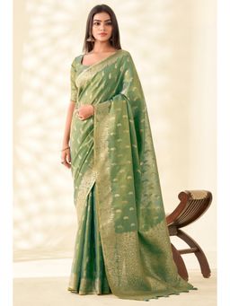 Mysilklove - Fern Green Woven Tissue Linen Saree with Unstitched Blouse