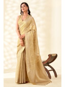 Mysilklove - Oyster Cream Woven Tissue Linen Saree with Unstitched Blouse