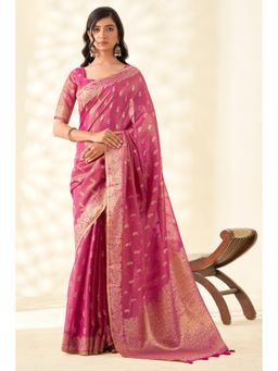 Mysilklove - Bush Pink Woven Tissue Linen Saree with Unstitched Blouse