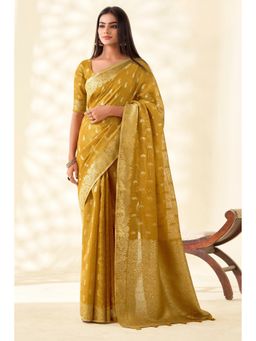 Mysilklove - Mustard Yellow Woven Tissue Linen Saree with Unstitched Blouse